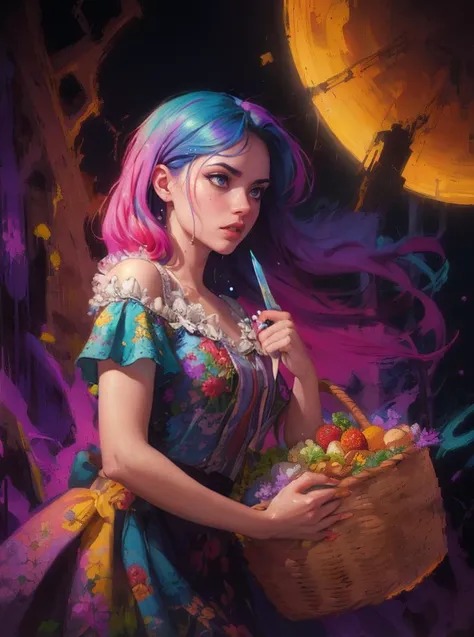 A psychopath with a basket of food, roughly painted, apocalyptic 1960s kitsch and psychedelia, (fine art:1.2), (dreamscape:1.1), ethereal, dreamy, mysterious, detailed, sharp, HD, HDR, masterpiece, best quality, best resolution, splashscreen, cinematic lig...