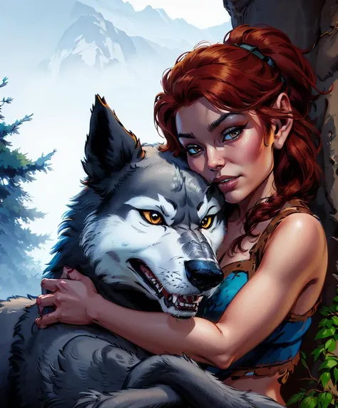 a woman hugging a wolf in front of a mountain