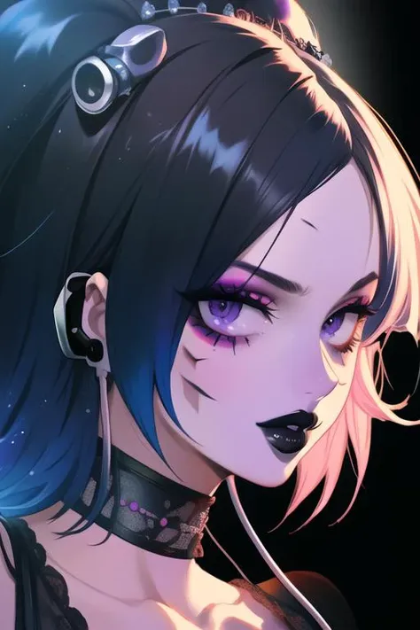 a close up of a woman with blue hair and black eyes