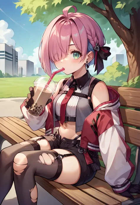 anime girl sitting on a bench with a drink in her hand