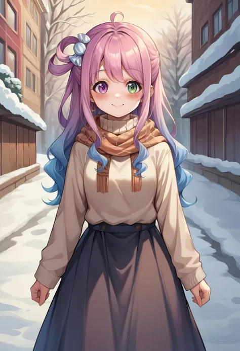 a woman with long hair and a scarf standing in the snow