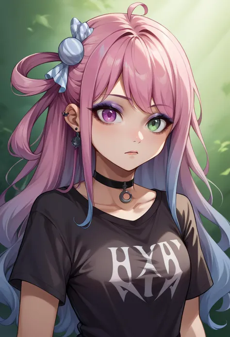 a girl with pink hair and a black shirt with a bow