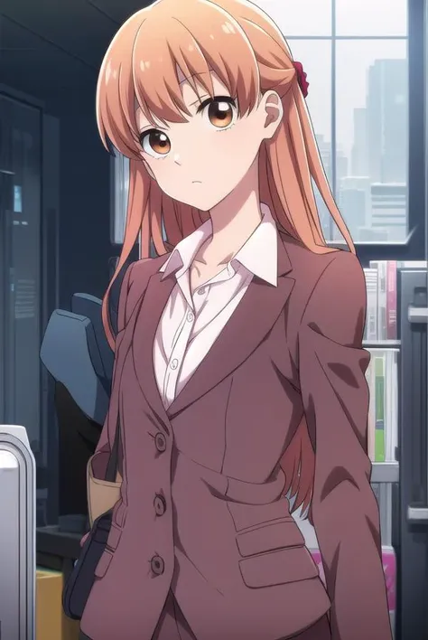 narumimomose, <lyco:narumimomose-lyco-nochekaiser:1>,
narumi momose, long hair, (brown eyes:1.2),
BREAK skirt, shirt, jacket, formal, suit, pencil skirt, office lady, skirt suit,
BREAK looking at viewer,
BREAK indoors,
BREAK <lora:GoodHands-vanilla:1>, (ma...