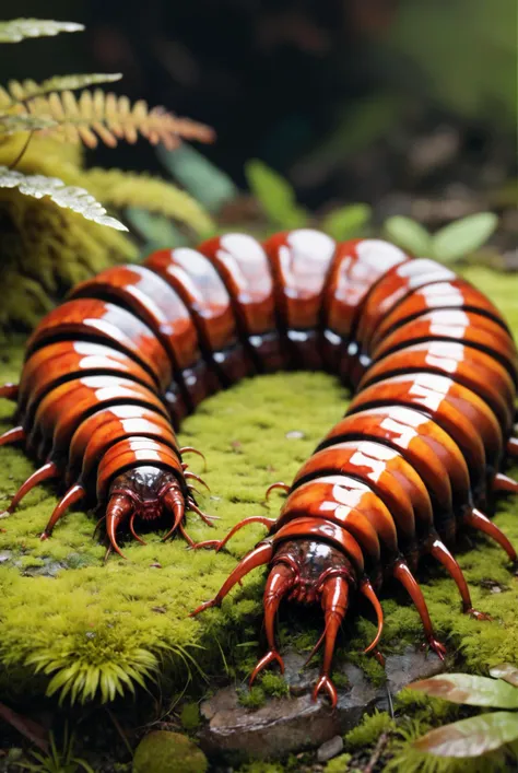 a close up of a red and black centipe on a mossy surface