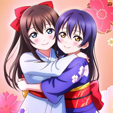 two anime girls hugging each other in front of a pink background