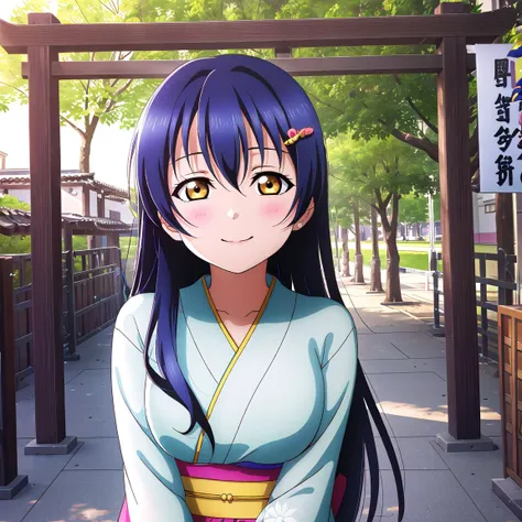 anime girl in kimono outfit standing in front of a gate