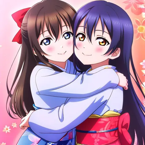 two anime girls hugging each other in front of a pink background