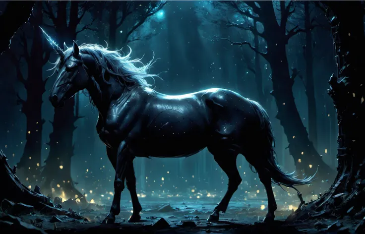 Concept Art for Movies phosphorescent unicorn at night, deep shadows <lora:darkfantasystyle:0.8> drkfntasy, Creating concept art for movies, often for character design, environments, or visual development.