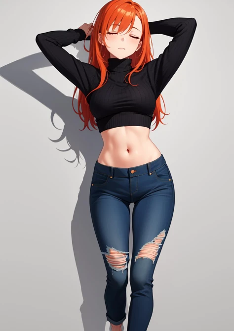 masterpiece, best quality, 1girl, :|, arms_behind_head, arms_up, barefoot, black_sweater, blue_pants, breasts, closed_mouth, crop_top, cropped_sweater, denim, full_body, groin, half-closed_eyes, head_tilt, jeans, long_hair, long_sleeves, looking_to_the_sid...