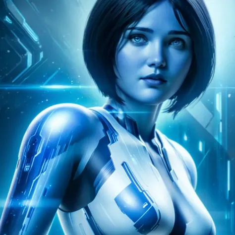 Advertising poster style,  <lora:Cortana Halo:1.2>
Cortana Halo a woman with blue eyes and a white shirt in the Halo video game series, Professional, modern, product-focused, commercial, eye-catching, highly detailed