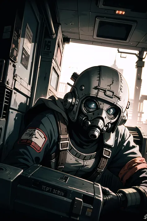 there is a man in a gas mask sitting in a space ship