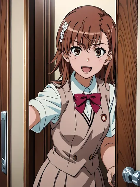 (((pixel-perfect, detail-perfect)))  best quality, masterpiece,  1girl   <lora:misaka-toaru:0.8>  misaka mikoto    <lora:detail_slider_v4:1> ,tokiwadai school uniform, bow  :d     <lora:pov_doorway_Gtonero:0.9> pov doorway upper body, opening door,