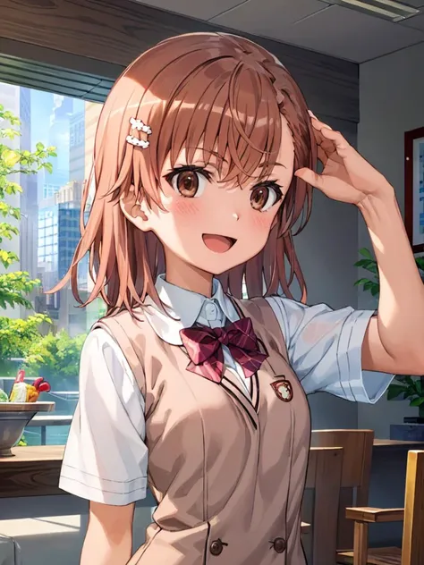 (((pixel-perfect, detail-perfect)))  best quality, masterpiece,  1girl   <lora:misaka-toaru:0.8>  misaka mikoto    <lora:detail_slider_v4:1> ,tokiwadai school uniform, bow  :d