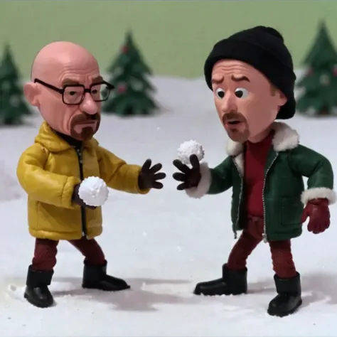 claymation puppets (walter white and jesse pinkman) having a snowball fight, trees in the background, RTRNR <lora:Rudolph_the_Red_Nosed_Reindeer_Film_Style:0.6>