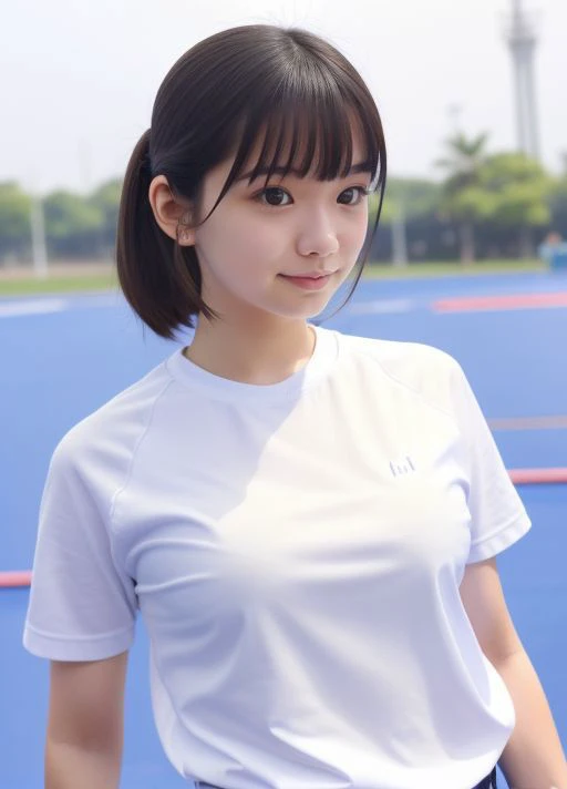 masterpiece,best quality,higher , <lora:JapaneseGymUniform:1> 1girl, plain shirt, solo, gym uniform, realistic, plain white shirt, buruma,beautiful face,face focus,(simple background:1.3), brown