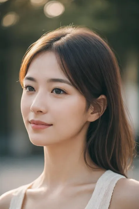 a woman with long hair and a white top looking at the camera