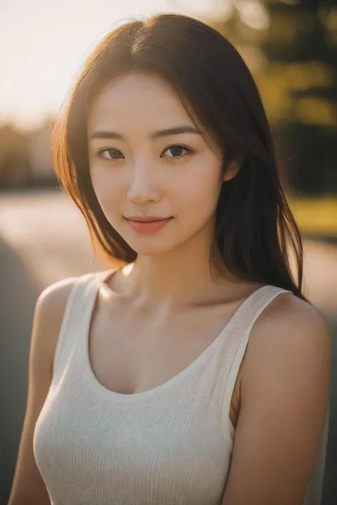 a woman with long hair and a white tank top posing for a picture