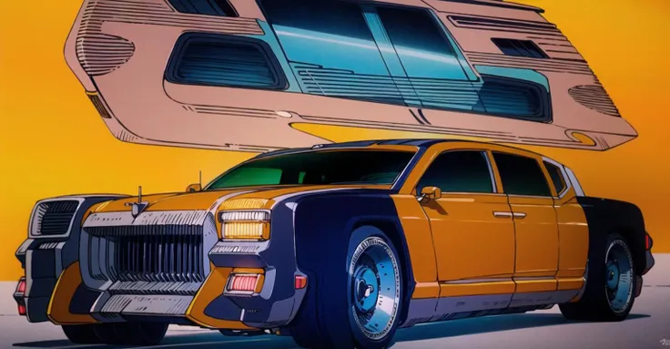 heavymetal1981 style, retro artstyle, <lora:heavymetalstyle:0.8>  <lora:cybervehiclev4:1> front quarter view, luxury sedan,, veh...