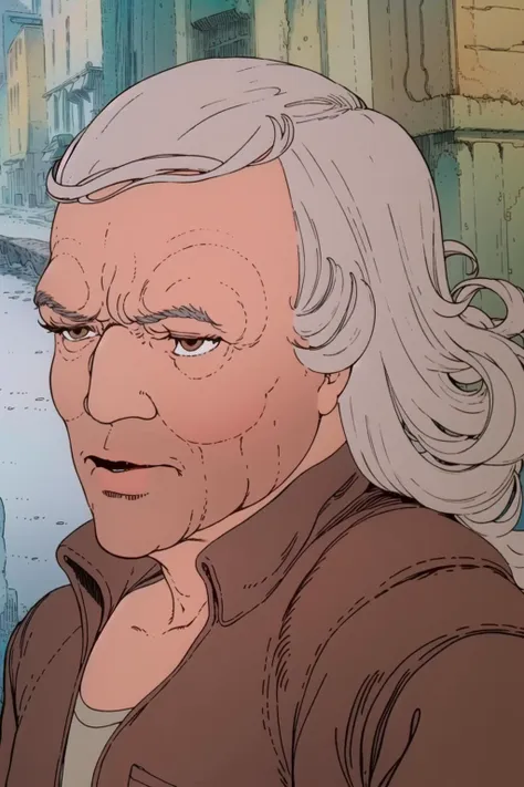 a cartoon of a man with a long white hair and a brown jacket