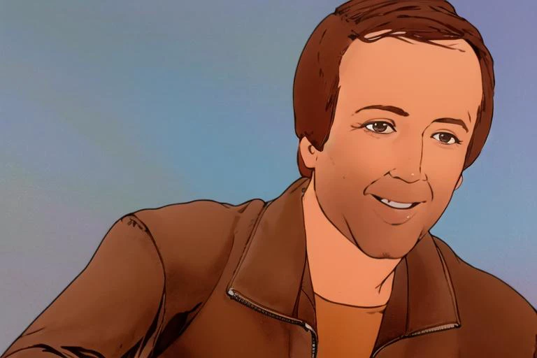 a close up of a cartoon man with a brown jacket