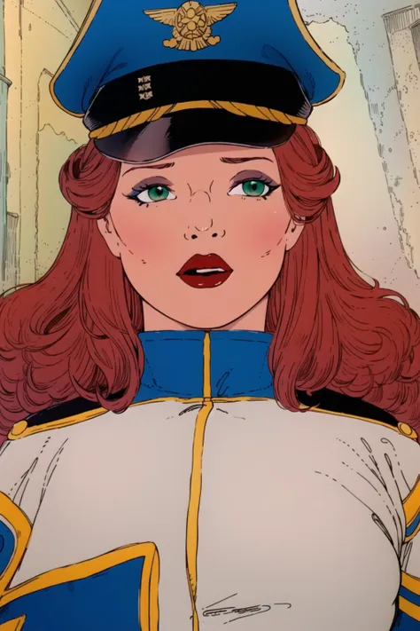 a cartoon of a woman in a uniform with a hat on