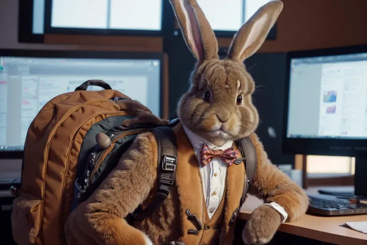 (cute realistic fluffy brown bunny with cute suit and backpack and a bowtie in the office on computer:1.6), (Fujifilm XT3:1.3),( D-SLR:1.2), (detailed fur:1.2),(8k, RAW photo:1.2), (Masterpiece:1.2),(Best Quality, High Quality, Highres:1.4), (hyperrealisit...