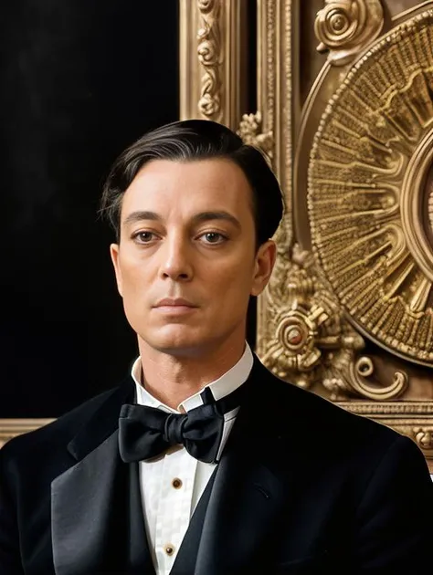 (masterpiece, absurdres, biggest quality) portrait of  BUSTERKEATON with a tuxedo, gustav klimt background, backlight, breathtaking, gods rays, high res, Nikon D780, Dslr, sharp focus, hyperrealism, detailed skin pores, insanely detailed, lush detail, F<lo...