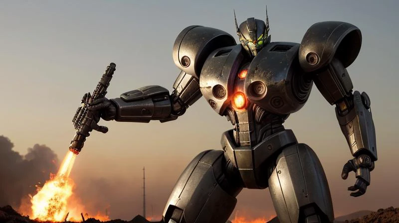 masterpiece, cinematic, filmic image 4k, 8k with [transformes the age of ultron rendering style] The image should be captured in a [wide-angle view] and depict [single] a [post-apocalyptic], The transformer paint is  ((purple and green)), vibrant colors. T...