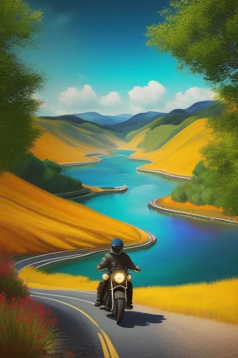 Create an illustrative travel poster that represents the themes of adventure motorcycling, self-fulfillment, and personal growth for young motorcycle riders wanting to explore exotic lands, The image should evoke a sense of hope and optimism. Consider incl...