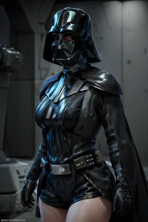 immortal 25yo female <lora:Darth_Vader:0.9> darth_vader, helmet, mask, science-fiction settings, medium breasts, thighs, cleavage <lora:ClothingAdjuster2:0.2>, with shorts pull BREAK ((photorealistic), realistic face), medium breasts, beautifully detailed ...