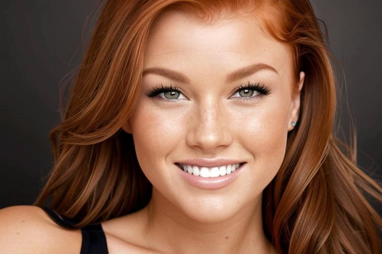 portrait of DEN_leanna_decker wearing a plain top in front of a plain black background, headshot, face focus, (open mouth grin:1.2), photorealistic, high detail, detailed