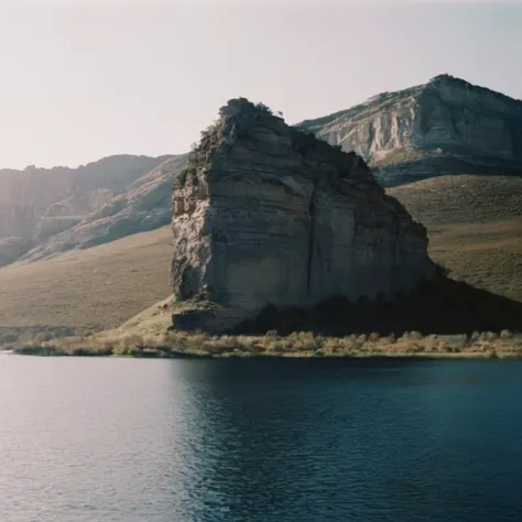 cinematic film still of  <lora:Film Stock Footage Style:1>
Wide view of a large body of water with a rock mountain formation in the middle Kodak Vision3 500T Film Stock Footage Style, shallow depth of field, vignette, highly detailed, high budget, bokeh, c...