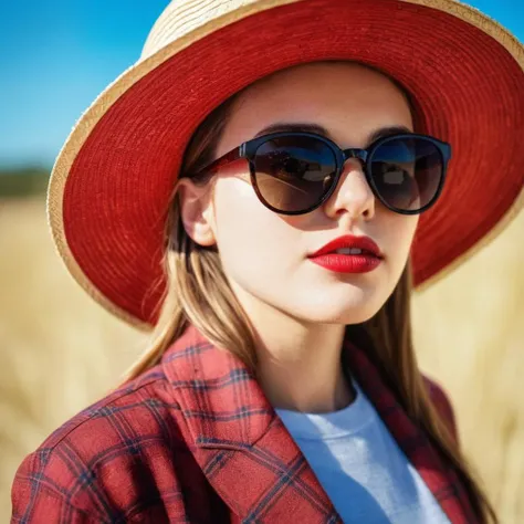 HDR photo of  <lora:Film Stock Footage Style:1>
Medium shot of a woman wearing a straw hat and sunglasses look at someone to the right with perfect teeth and red lips Kodak Vision3 500T Film Stock Footage Style, High dynamic range, vivid, rich details, cle...