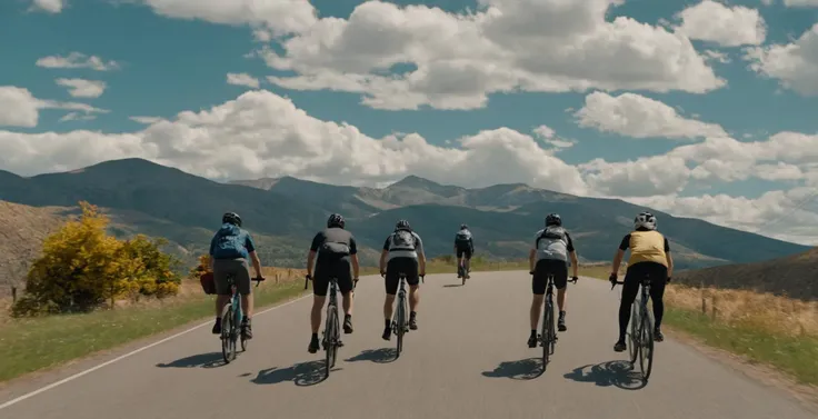 Horror-themed, Arri Alexa 4K Raw film grain:2 stock film footage
 <lora:Film Stock Footage Style:1>
Wide hdr polarized view of a group of people riding bikes down a road with garden view on sideways and mountain above and perfect cloudy blue sky Kodak Visi...