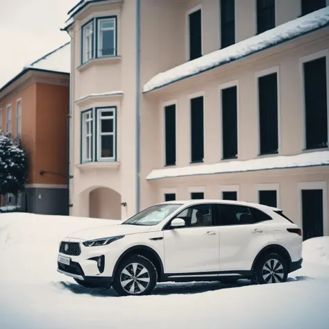 cinematic film still of  <lora:Film Stock Footage Style:1>
Wide view of a white car covered in snow next to a building Fujifilm Eterna Film Stock Footage Style, shallow depth of field, vignette, highly detailed, high budget, bokeh, cinemascope, moody, epic...