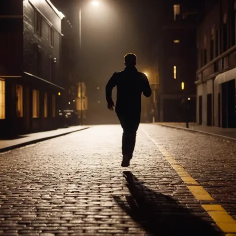 cinematic film still of  <lora:Film Stock Footage Style:1> film grain:1.5 sharp detailed image of a
Cinematic Wide view of a silhouette person covered in shadows running down a street at night with warm yellowish street light in background Kodak Vision3 50...