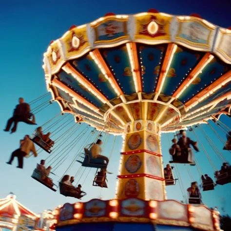 cinematic film still of  <lora:Film Stock Footage Style:1>
Wide view of a carnival ride with people flying around it Kodak Vision3 500T Film Stock Footage Style, shallow depth of field, vignette, highly detailed, high budget, bokeh, cinemascope, moody, epi...