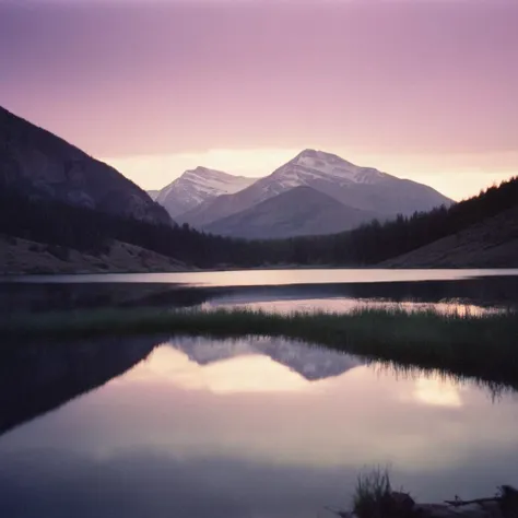 analog film photo of  <lora:Film Stock Footage Style:1>
Wide view of a landscape and purple sunset over a mountain lake Kodak Ektar Film Stock Footage Style, faded film, desaturated, 35mm photo, grainy, vignette, vintage, Kodachrome, Lomography, stained, h...