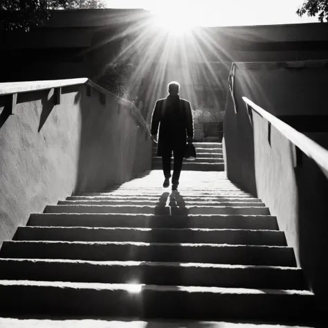 cinematic film still of  <lora:Film Stock Footage Style:1>
Cinematic black and white high angle from above a Wide view of a silhouette person covered in shadows walking down a set of stairs with sunlight shadow light above Kodak Vision3 500T Film Stock Foo...