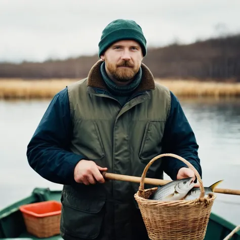 cinematic film still of  <lora:Film Stock Footage Style:1>
Medium shot of a fisherman is on a boat with a shovel and a basket of fish Fujifilm Eterna Film Stock Footage Style, shallow depth of field, vignette, highly detailed, high budget, bokeh, cinemasco...