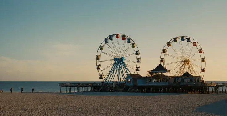 Horror-themed, Arri Alexa 4K Raw film grain:2 stock film footage
 <lora:Film Stock Footage Style:1>
Wide view of a Ferris wheel is on the beach at sunset on dock with blue sea view in background and afternoon sky above Kodak Vision3 500T Film Stock Footage...