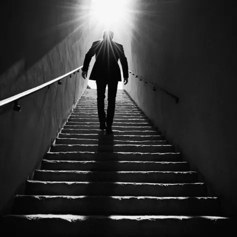 cinematic film still of  <lora:Film Stock Footage Style:0.5>
<lora:Cinematic Film Stock Footage Style:0.5> Cinematic 
Cinematic black and white high angle from above a Wide view of a silhouette person covered in shadows walking down a set of stairs with su...