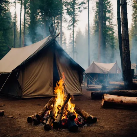 cinematic film still of  <lora:Film Stock Footage Style:1>
Cinematic Wide view of a fire camp in the middle of a forest Kodak Vision3 500T Film Stock Footage Style, shallow depth of field, vignette, highly detailed, high budget, bokeh, cinemascope, moody, ...