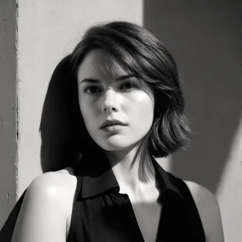 cinematic film still of  <lora:Film Stock Footage Style:1>
In black and white Cinematic Closeup of a young woman partially covered by shadows with a black shirt and a short brown hair staring at camera with perfect lips and shadow side face light on Kodak ...