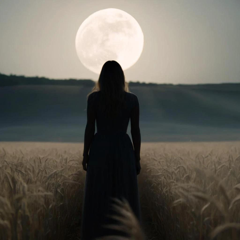 cinematic film still of  <lora:Film Stock Footage Style:1>
Cinematic Wide view of a silhouette woman covered by shadows standing in the dark hazy field with a full moon in the background Kodak Vision3 500T Film Stock Footage Style, shallow depth of field, ...