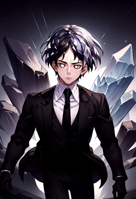 anime boy in a suit and tie with a crystal in the background