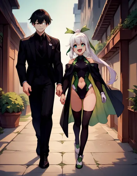 a couple of anime characters walking down a street