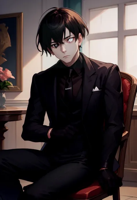 anime guy in a suit sitting on a chair in a room