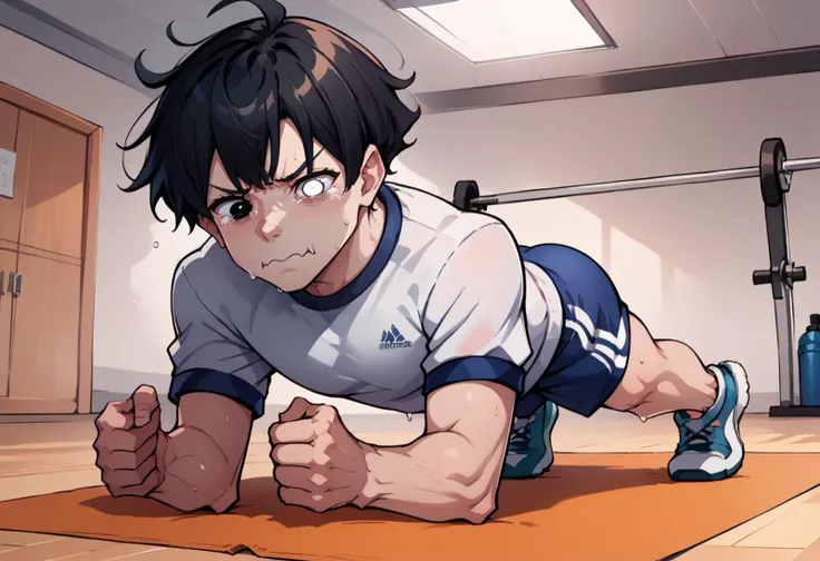 score_9, score_8_up, score_7_up, source_anime, 1boy, planking, exercise, clenched hands, <lora:planking_xlpd:1>, gym uniform, sw...