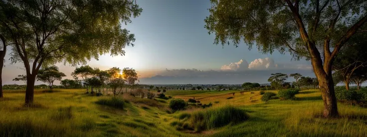 trees in a field with a sunset in the background